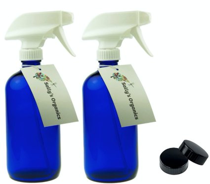 Empty Blue Glass Spray Bottle - 16 oz Refillable Container Perfect for Essential Oils, Cleaning Products, Homemade Cleaners - Durable White Trigger Sprayer w/ Mist and Stream Nozzle Settings - 2 PACK