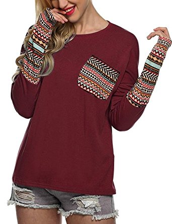Women's Casual Top Pocket Patch Long Sleeve T Shirt with Thumb Holes