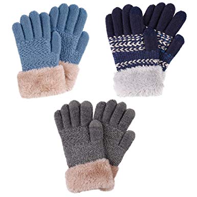 2 & 3 Pack Kids Touchscreen Winter Knit Gloves with Faux Fur Cuff