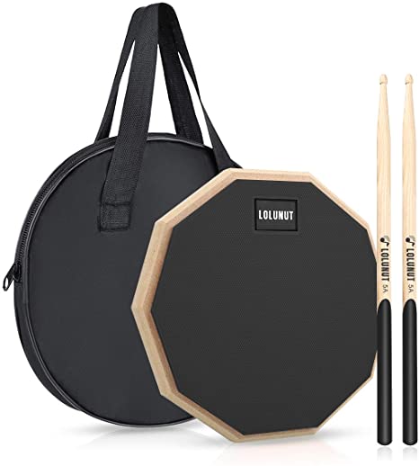 LOLUNUT 12 Inch Silent Drum Pad,Dumb Drum Beginner Rubber Practice Pad,with 5A Drum Sticks & Storage Bag(Black)