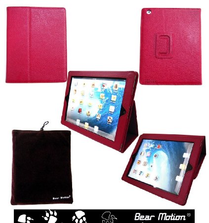Bear Motion (TM) 100% Genuine Leather Case for iPad2 / iPad 3 (the new iPad) / iPad 4 with built-in Stand - Support auto sleep/awake function (Red)