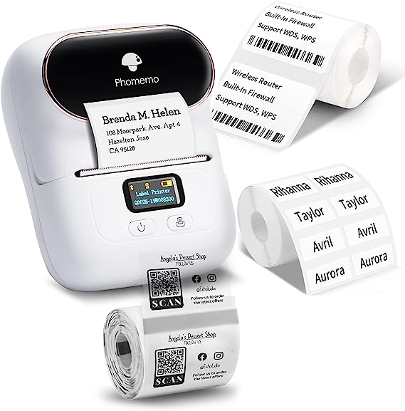 Phomemo M110 Label Printer - Bluetooth Portable Label Maker No Ink, Mini Barcode Label Printer for Retail, Address, Barcode, Home, for PC/Mac, iOS/Android with 3pack Most Used Labels, Snow White