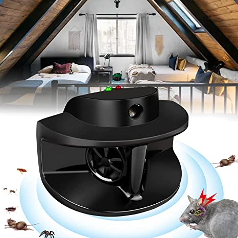 Rodent Repellent,Ultrasonic Rat Deterrent,Ultrasound Humane Squirrel Rat Repellent,Indoor Pest Repeller,360° Protection Keep Rat Mice Away from Garage Attic Basement Warehouse Barn House(Black)