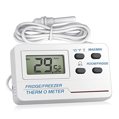 Fridge Freezer Thermometer, Welltop 2 in 1 Digital Refrigerator Thermometer Room Thermometer with External Probe Easy to Read LCD Display Alarm Function for Home Kitchen Bars