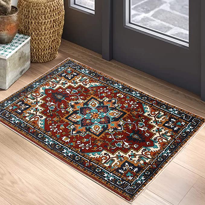 YoKii Persian Oriental Throw Rugs Traditional Medallion Floral Boho 2x3 Small Area Rug Non-Slip Faux Wool Soft Shag Tribal Rug for Kitchen Bedroom Bathroom Entryway Floor Mat Washable (2x3, Red)