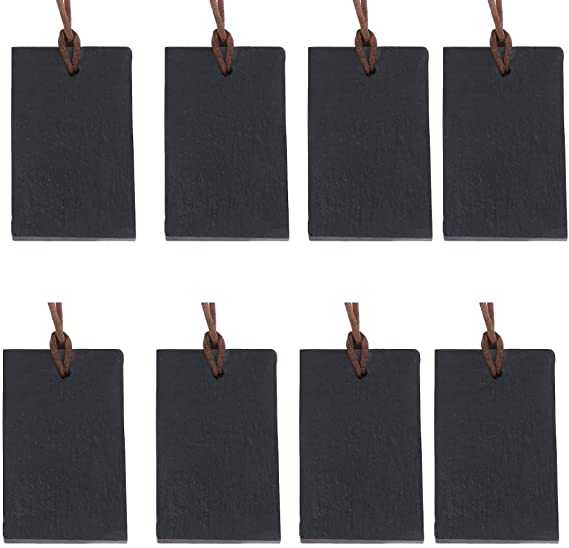 ACKEIVTO Mini Set of 8 Black Slate Hanging Chalkboard Tags w/Leather Rope/Erasable Write On Wine Bottle Label Signs