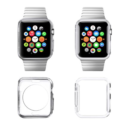 Moonmini OEM NEW Exclusive Customization Professional for 2015 Release Apple Watch iWatch 38mm 2 pcs Premium Flexible Soft TPU Case   Hard PC Plastic Protective Cover Snap On,[Super Slim] [Crystal Clear] Transparent [Super Lightweight] [Perfect Fit] (Will Not Fit Apple Watch 42mm version 2015)
