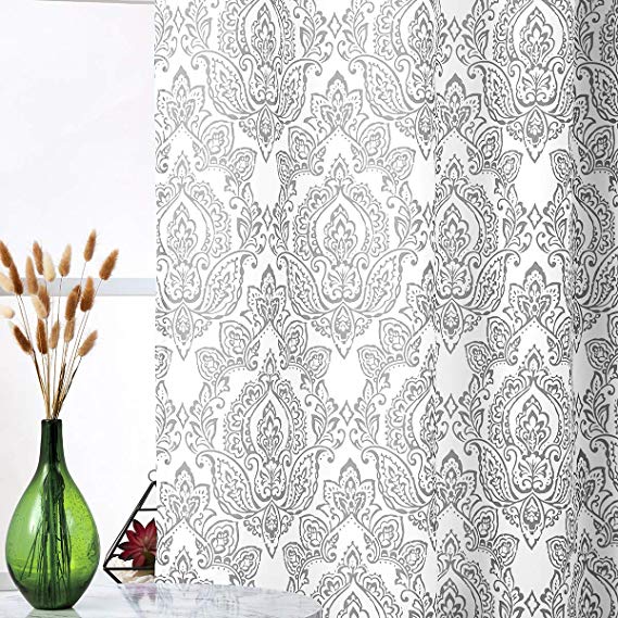 White Grey Curtains for Living Room 84 Inch Long Damask Print Curtains Classic Floral Pattern Window Curtain Panels for Bedroom with Total Privacy Grommet Top 2 Pcs