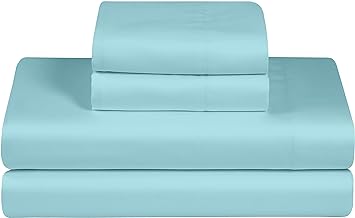 Feather & Stitch Softest 100% Cotton Sheets, 4 PC Set, 300 Thread Count Percale Weave Bedding, 16" Deep Pocket, Cooling Sheets, Breathable Bed Set (Queen, Aqua)