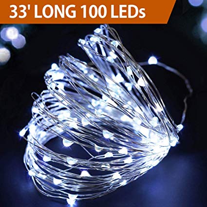 Bright Zeal 33' Ft Cool White Fairy Lights Plug in String Lights Outdoor (100 LEDs, 6hr Timer, AC Adapter) - Waterproof LED Christmas String Lights Cool White Plug in Fairy Lights for Christmas Trees
