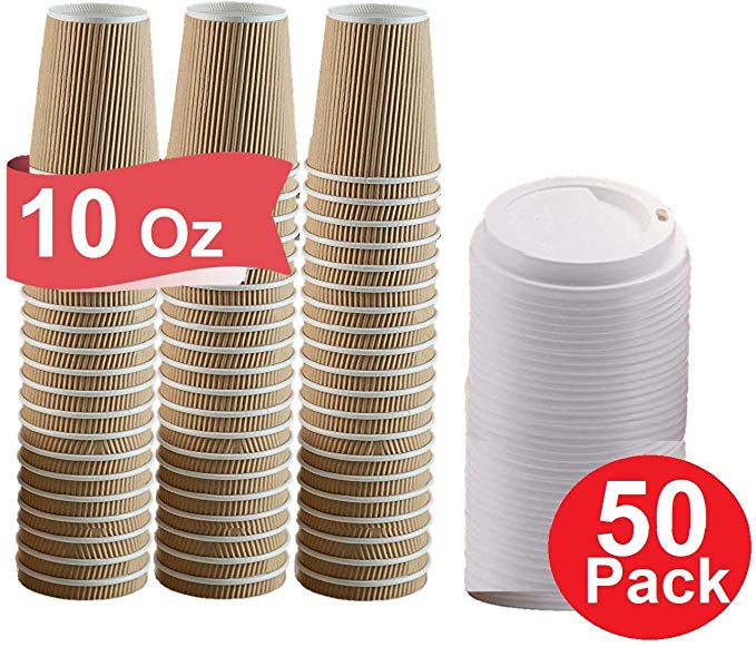 1InTheHome 10 Oz Coffee Cups With Lids. Disposable Insulated Ripple Wall Paper Hot Cups with Lids (50 pack)