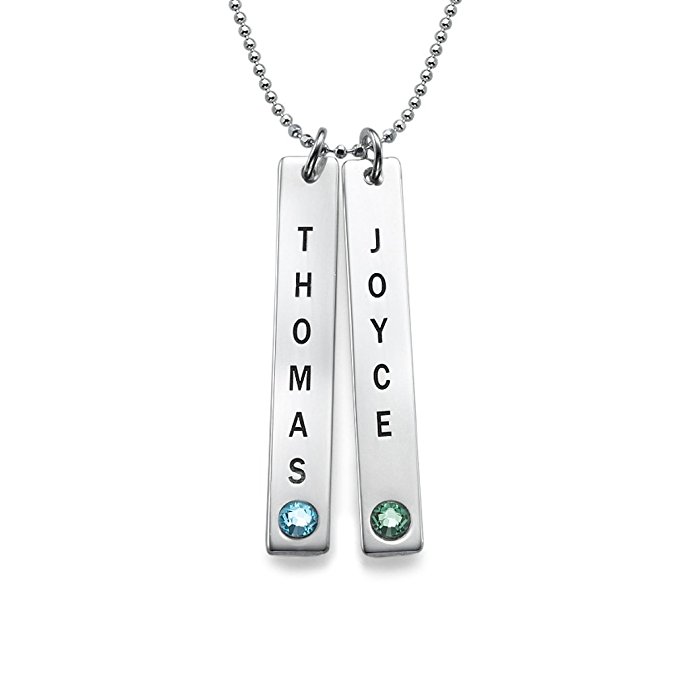 Sterling Silver Personalized Vertical Bar Necklace with Birthstones - Custom Made with Any Name!
