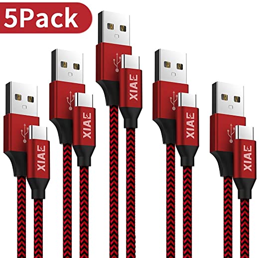 USB C Cable,XIAE 5Pack (3/3/6/6/10FT) Nylon Braided Fast Charging Cable Aluminum Housing Compatible with Samsung Galaxy S10 S9 Note 9 8 S8 Plus,LG V30 V20 G6,Google Pixel,Huawei P30/P20-Black&Red
