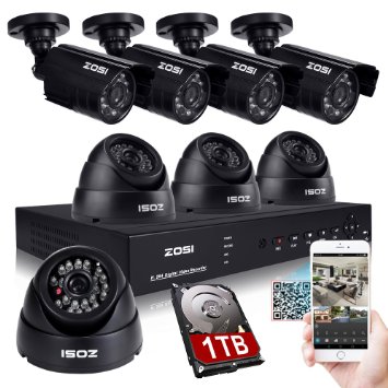 ZOSI CCTV System 8CH H264 8 CH DVR Recorder 4x 800TVL Waterproof IR Camera  4x Indoor dome Camera CCTV System Security Camera System DVR Kit with 1TB hard disk