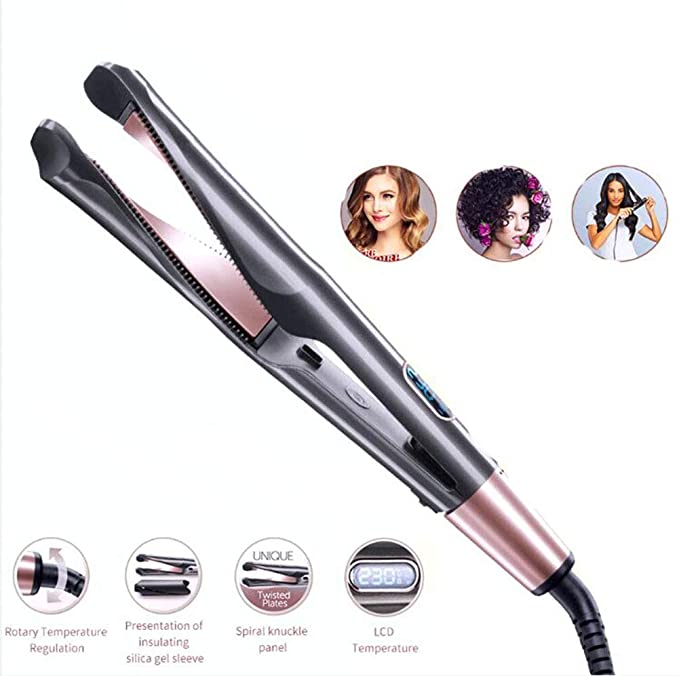 GGKLY Curl and Straight,2-in-1 Hair Straighteners and Hair Curler, Ceramic Coated Plates,Dry Hair Styler Flat Iron No Damage to Hair LCD Display Auto Shut Off Dual Voltage
