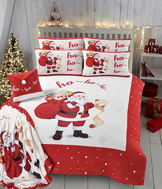 Olivia Rocco Santa Teddy Duvet Cover Set Xmas Father Christmas Soft Fleece Easy Care Warm Winter Printed Super Soft Quilt Bedding Bed Sets With Pillowcase (Double)