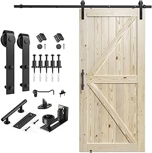 SMARTSTANDARD 42in x 96in Sliding Barn Door with 7ft Barn Door Hardware Kit Included, Unfinished Solid Spruce Wood Door, Assembly Required, DIY, Stainable, Natural