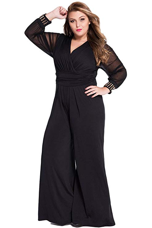 Cokar Womens Plus Size Jumpsuits Long Sleeve V-Neck Casual Style Set Black