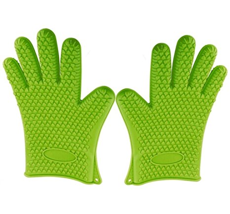 Green Heat Resistant Silicone Gloves - Great for Use In Kitchen Handling All High Temperature Food - Potholder - Protective Oven, Grilling, Baking, Smoking and Cooking Gloves - By Kitch N’ Wares