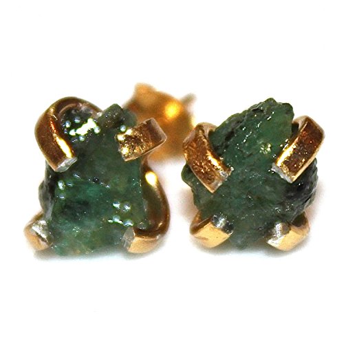Raw Emerald Stud Earrings Organic Earrings Emerald Jewelry Free Form Earrings May Birthstone Emerald Prong Set Earrings Raw Gemstones