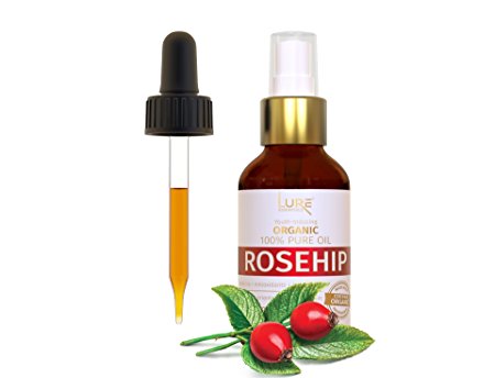 LURE Essentials 100% Pure Rosehip Seed Oil, Certified Organic, Cold Pressed, Unrefined, Virgin For Face Massage, Wrinkles, Skin, Hair and Nails