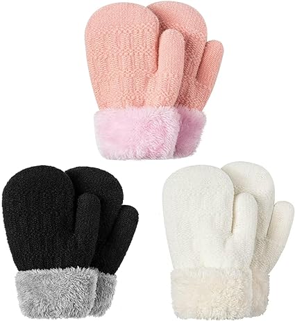 Winter Mittens Gloves Beanie Hat Set for Kids Baby Toddler Children, Thick Warm Knit Fleece Lined Thermal Set for Boys Girls