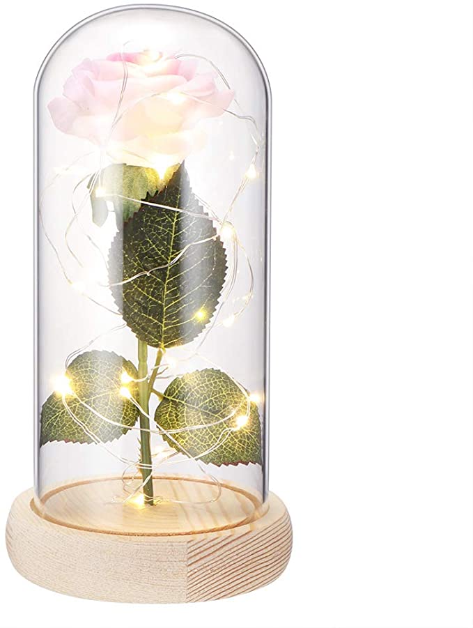 Konesky Silk Rose and LED Warm White Light in Glass Dome with a Removable Wooden Base Forever Rose Light Artificial Decoration for Home Holiday Party Wedding Valentines Day Mothers Day