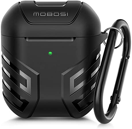 MOBOSI Military Series TPU Airpods Case Cover Front LED Visible, Protective Soft Shockproof Cover Compatible with Airpods (1st & 2nd Generation) Supports Wireless Charging, with Carabiner,Black