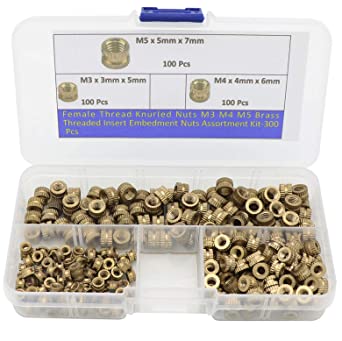 300-Pcs M3/ M4 /M5 Female Thread Brass Knurled Threaded Insert Embedment Nuts Assortment Kit