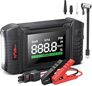 FLYLINKTECH Car Battery Jump Starter with Air Compressor, 150PSI 5000A 20000mAh Jump Starter Battery Pack(All Gas/10.0L Diesel), Safe Car Jumper Box with Display, 160W DC Out, Emergency Light