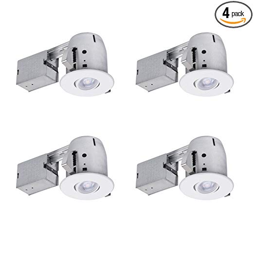 Globe Electric 4" LED IC Rated Swivel Spotlight Recessed Lighting Kit Dimmable Downlight, 4-Pack, Round Trim, White Finish, Easy Install Push-N-Click Clips, 4 LED Bulbs Included, 90733