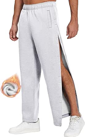 Deyeek Mens Fleece Tear Away Pants Loose Fit Post Knee Replacement Surgery Pants Breakaway Sweatpants Side Snap with Pockets