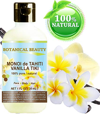 MONOI de TAHITI VANILLA TIKI OIL 100 % Natural / 100% PURE BOTANICALS. For FACE, BODY, HANDS, FEET, MASSAGE, NAILS & HAIR and LIP CARE. (1 Fl. oz. - 30 ml.)