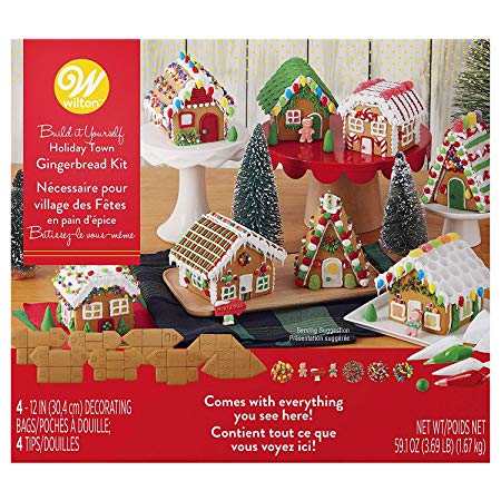 Gingerbread House Kit Build It Yourself Mini Village - Christmas Fun decorating, Kit Includes: 4 Sets Of House Panels, 4 Types Of Candies, Icing, Decorating Bags - Bundled With Extra Candy!