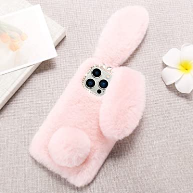 Case for iPhone 13 Pro Case LAPOPNUT Cute Bunny Ears Case Luxury Super Soft Warm Fluffy Furry Rabbit Shockproof Back Silicone Case Cover with Chic Bowknot Bling Diamond,Pink