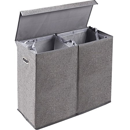 Dirty Clothes Hamper with Lid, Large Double Laundry Hamper Sorter 2 Section with Removable Liner, Detachable Divider, Gray Laundry Basket