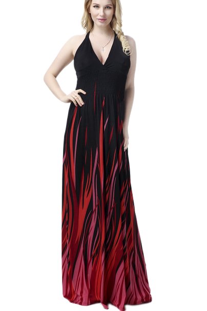 Yacun Womens Flame Design Halter Sexy Maxi Dress Evening Gown Plus Size