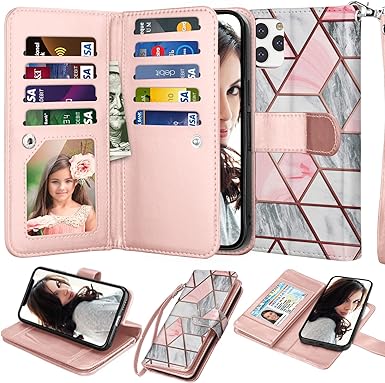 NJJEX Compatible with iPhone 13 Case/iPhone 13 Wallet Case 6.1" (2021), [9 Card Slots] PU Leather ID Credit Holder Folio Flip [Detachable] Kickstand Magnetic Phone Cover & Lanyard [Marble Pink]