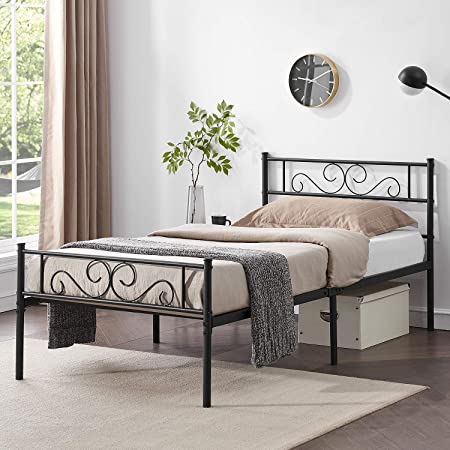 VECELO Metal Platform Bed Frame/Mattress Foundation with Vintage HeadBoard & Footboard, Easy Assembly, Twin, Black