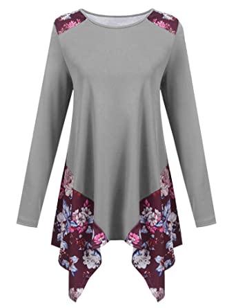 ACEVOG Women Floral Patchwork Asymmetrical Hem Long Sleeve Tunic Tops