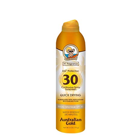 Australian Gold Continuous Spray Sunscreen, Dries Fast, Broad Spectrum, Water Resistant, SPF 30, 6 Ounce