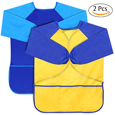 Kids Art Smock, SGM Waterproof Artist Art Paint Apron With 3 Large Pockets And Long Sleeves For Kids, Children Age 2-6 - For Painting, Baking, Feeding [2-Pack] (Paints and Brushes not included)