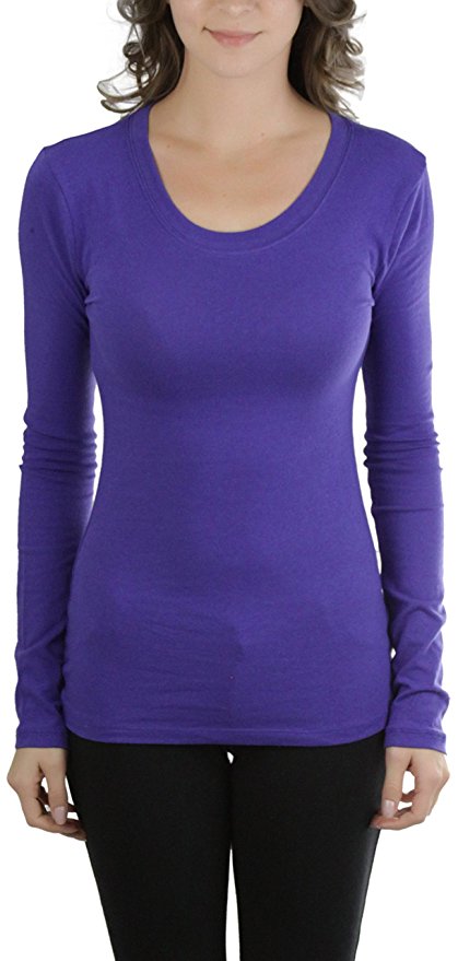 ToBeInStyle Women's Cotton-Blend Crew-Neck Staple Top with Long Sleeves