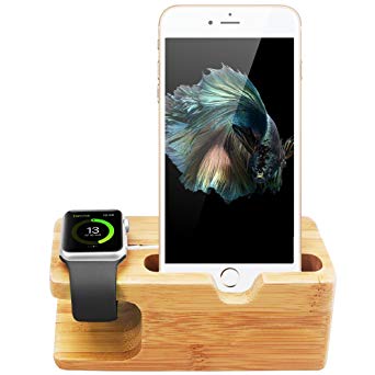 Bamboo Wood Charging Station Cell Phone Docking Stand Office Electronics Desk Organizer Mobile Phone Stand Holder Compatible for iPhone and Apple Watch Magnetic Charging Cable