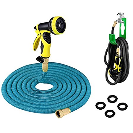 PLUSINNO Expandable Garden Water Hose FULL SET, Heavy Duty Flexible Natural Latex Hose Pipe with Shut Off Valve Solid Brass Connector, Hose Hanger and 9-pattern Spray Nozzle