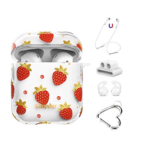AirPods Case, Crystal from Swarovski Cover, 5 in 1 Apple AirPods 2 & 1, Clear Full Protective Strawberry Design Hard Cute Case for Girls with Keychain/Strap/Earhooks/Watch Band Holder by KINGXBAR