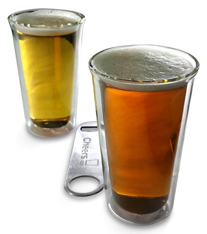 Princeton Wares Double Wall Glass Insulated Beer Glass Tumbler 14 Ounce Pint-Shape 2-Pack Set with 7 Inch Stainless Steel Speed Bottle Opener