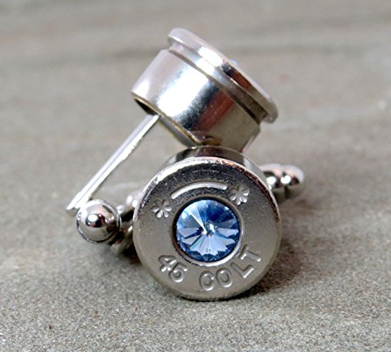 45 Colt Bullet Cufflinks Nickel Plated Casings Swarovski Elements Light Sapphire Rivoli Inset Stones