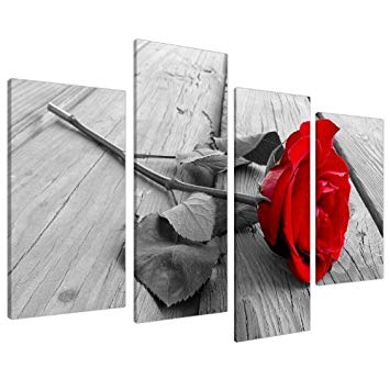 Red Rose Floral Canvas Wall Art Pictures - Black White Grey Split Panel Set - XL - 130cm / 51" Wide