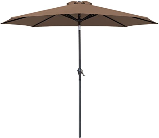 Greesum 9FT Patio Umbrella Outdoor Market Table Umbrella with Push Button Tilt, Crank and 8 Sturdy Ribs for Garden, Lawn,Backyard & Pool,Brown